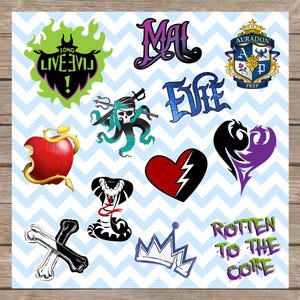 May include: A set of 10 colourful temporary tattoos featuring characters and symbols from the Disney movie Descendants. The tattoos include the names "Mal" and "Evie", a crown, a snake, a heart with a lightning bolt, a skull with a pirate hat, a poisoned apple, a dragon, a pair of crossed bones, and a green and purple logo with the text "Long Live Evil!" and "Rotten to the Core".