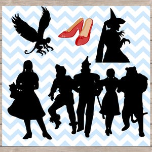 May include: A digital illustration featuring silhouettes of characters and elements from The Wizard of Oz. Includes Dorothy, the Scarecrow, the Tin Man, the Cowardly Lion, the Wicked Witch, ruby slippers, and a flying monkey, all set against a blue and white chevron background.