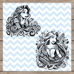 May include: Two black and white illustrations of a princess with long flowing hair, surrounded by intricate floral designs. The princess in the top illustration is looking to the right, while the princess in the bottom illustration is looking to the left.