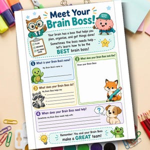 Può includere: Una scheda didattica bianca intitolata Meet Your Brain Boss con illustrazioni colorate di un gufo, un personaggio a forma di cervello, una tartaruga, un procione, una volpe e un cane. La pagina include sezioni numerate con suggerimenti per scrivere e disegnare.