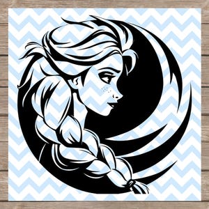 May include: Black and white illustration of a woman with long braided hair, set against a black crescent shape. The background features a light blue and white chevron pattern. The image has a cartoon-like style.