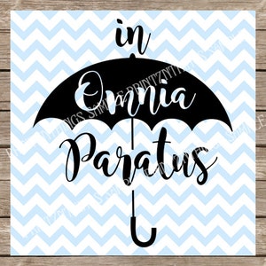 May include: Black and white graphic design of an umbrella with the text "in omnia paratus" written on it. The background is a light blue chevron pattern.