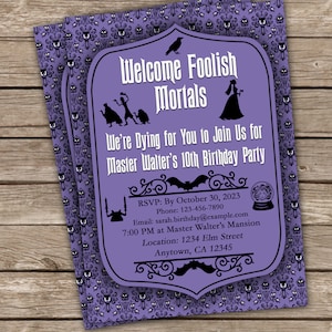 Haunted Mansion Halloween Birthday Party Invitation Gothic Purple Grim Grinning Ghosts Party Invite