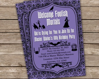 Halloween Geburtstagsparty Haunted Mansion Einladung Gothic Lila Grinning Ghosts Party Invite
