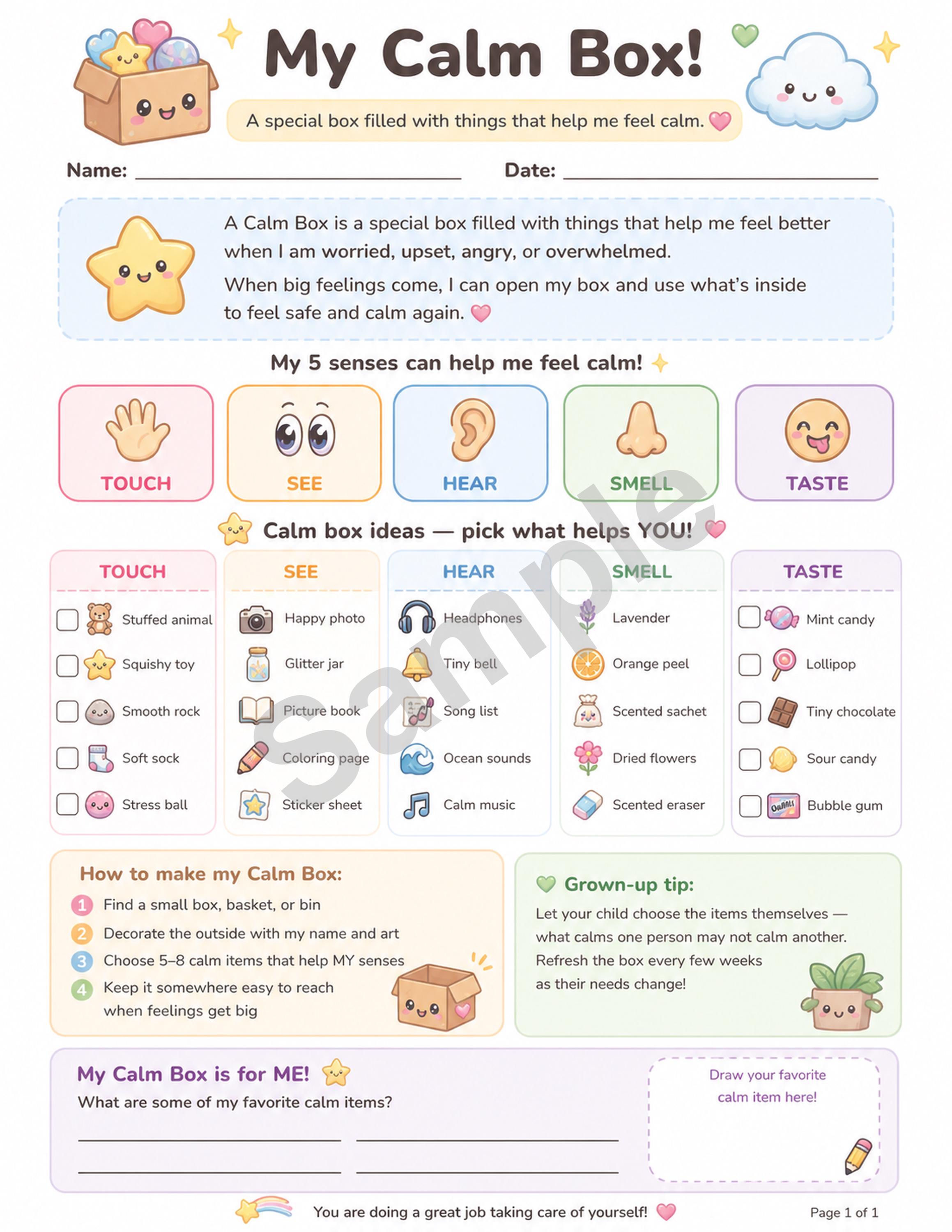 Calm Box Worksheet | Kids Sensory Regulation Printable | Self ...