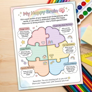 Puede incluir: Una colorida hoja de trabajo titulada "My Happy Brain" con secciones para dibujar y escribir sobre cosas favoritas, lugares felices, recuerdos, superpoderes, sueños y personas que te hacen sonreír. Incluye un diseño de arcoíris y estrellas.