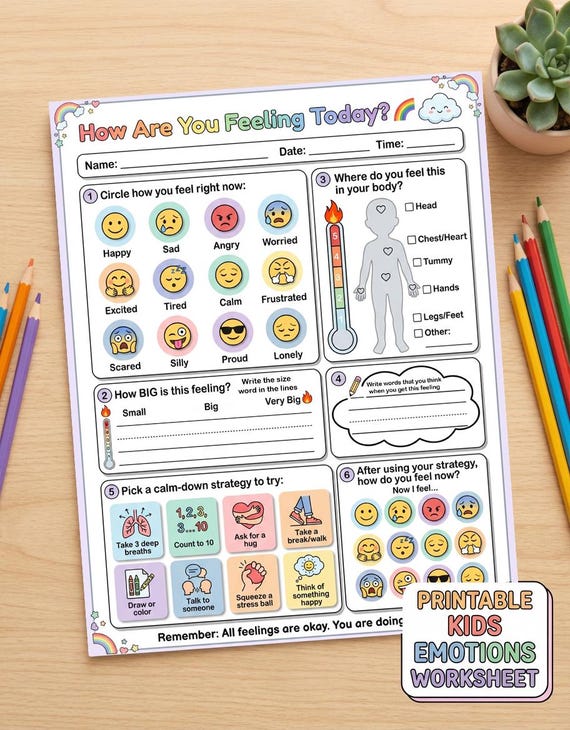 Kids Emotions Worksheet Printable SEL Activity Feelings Check In School Counseling Therapy Tool Emotional Regulation