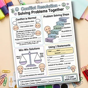 May include: A colorful educational poster titled "Conflict Resolution - Solving Problems Together." The poster includes sections on conflict, problem-solving steps, win-win solutions, and using "I" statements. It features cartoon illustrations and fill-in-the-blank sections.