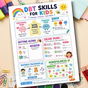 Op de afbeelding: Een kleurrijke educatieve poster getiteld "DBT Skills for Kids" met illustraties van een regenboog, een zon en verschillende stripfiguren. De poster geeft tips voor het omgaan met gevoelens, keuzes en rustige geesten.