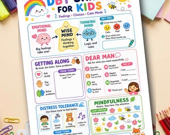Kids DBT Skills CheatSheet | Dialectical Behavior Therapy Quick Reference | Mental Health Therapist