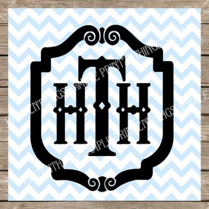 May include: Black and white monogram design with the letters "HTH" in a decorative frame. The frame has a scroll design at the top and bottom.