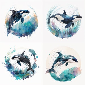 Vintage Orca Watercolor Clipart Bundle - Instant Download for Crafts & Designs. Beautifully Painted Killer Whale Images