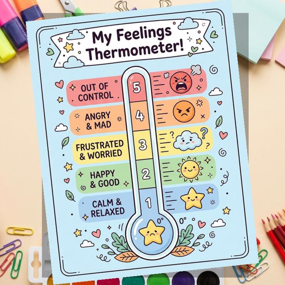 Feelings Thermometer for Kids | Emotional Check-in Printable | CBT ...