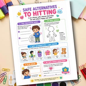 May include: A colorful educational poster titled "Safe Alternatives to Hitting." It features illustrations and text about managing frustration and choosing safe actions. Includes sections on body signals, safe choices, and a commitment.