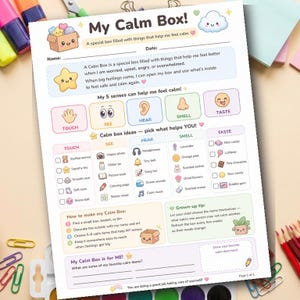 Op de afbeelding: Een kleurrijk werkblad getiteld "My Calm Box!" met secties voor naam en datum, en ideeën voor kalmerende activiteiten. Bevat secties voor aanraking, zien, horen, ruiken en proeven. Met een cartoon doos en ster.