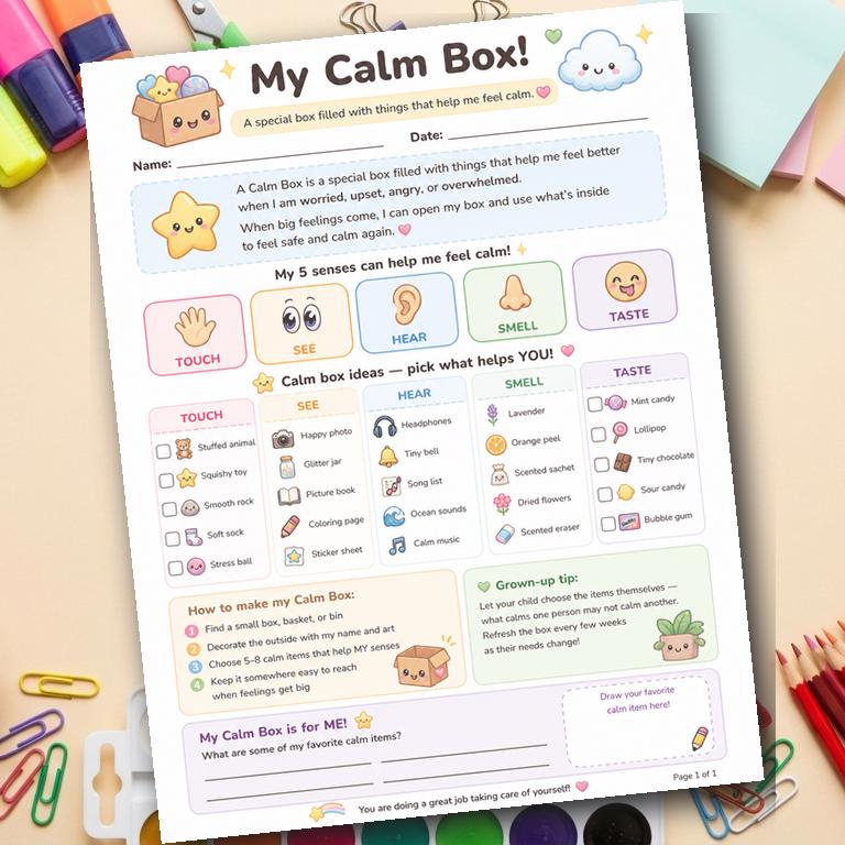 Calm Box Worksheet | Kids Sensory Regulation Printable | Self ...