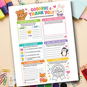 May include: A colorful printable worksheet with the text "Goodbye & Thank You!" features a bear, bunny, fox, and penguin illustrations. Sections include prompts for reflection, a goodbye letter, and a growth graduate badge.