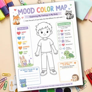 May include: A white "Mood Color Map" printable with the text "Exploring My Feelings in My Body." The map includes a color key for emotions like angry, sad, and happy. It features a boy illustration and prompts for physical clues and body sensations.