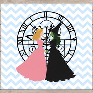 May include: A digital art print featuring two stylized female figures in silhouette, one in a pink gown and the other in a black dress and witch hat. They stand before a black clock face design on a blue and white chevron background.