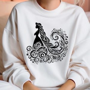 May include: White sweatshirt with a black silhouette of a woman with long hair and a floral design.