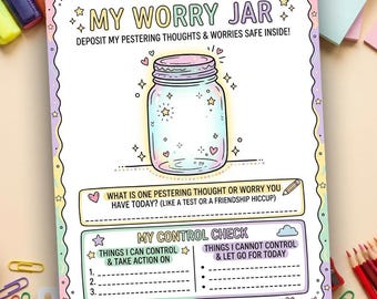 Kids Worry Jar Worksheet | Anxiety Relief Activity | SEL Counseling Printable | Feelings Check In