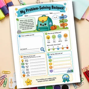 May include: A printable worksheet titled My Problem-Solving Backpack featuring a cartoon backpack, a mood tracker with four faces, and numbered sections for drawing a problem, identifying tools, and creating a plan with numbered steps.
