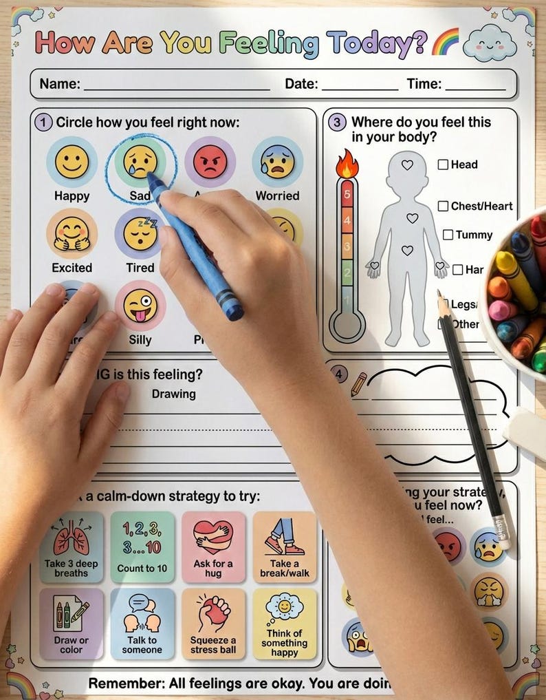 Kids Emotions Worksheet Printable SEL Activity Feelings Check In School Counseling Therapy Tool Emotional Regulation image 2