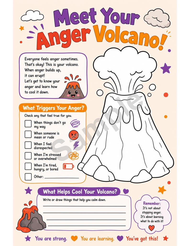 Anger Volcano Worksheet for Kids | Anger Management Printable | Kids ...