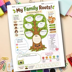 May include: A printable activity sheet titled My Family Roots featuring a central tree illustration with blank spaces for family names. The page includes sections for matching family members, coloring, personal interests, memory drawing, and emotional check-ins.