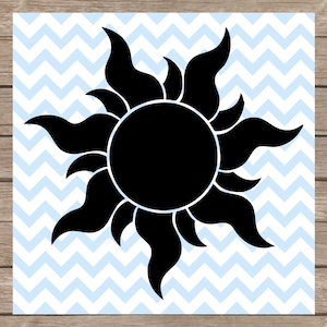 May include: Black silhouette of a sun with a stylized, flame-like design. The sun is on a light blue and white chevron background.