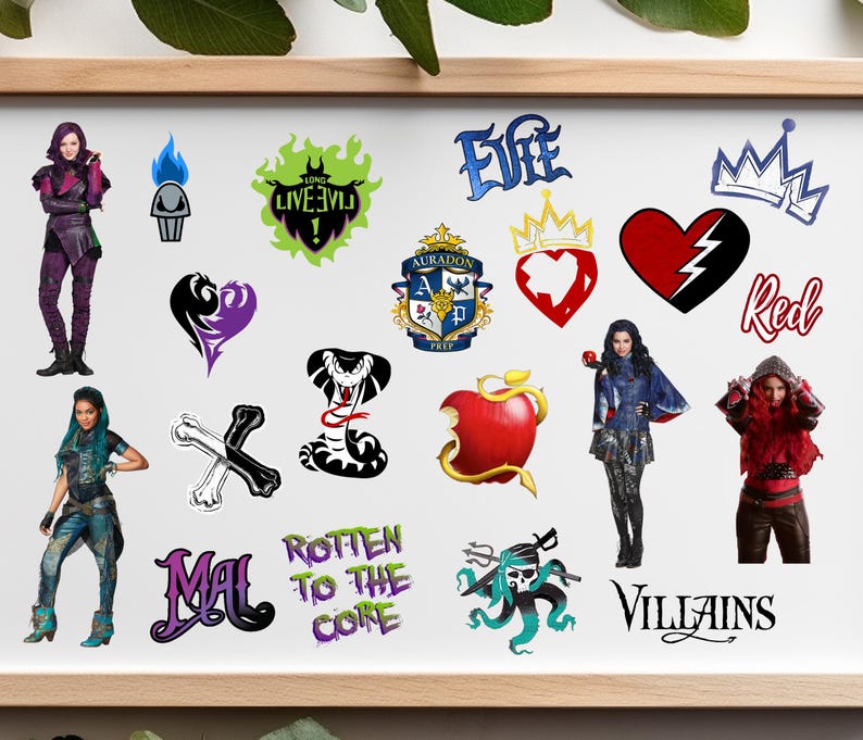 May include: A set of 15 colorful stickers featuring characters and symbols from the Disney movie Descendants. The stickers include Mal, Evie, Jay, and Carlos, as well as symbols like a crown, a heart, and a snake.