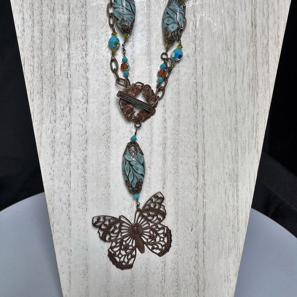Vintaj Natural Brass Butterfly with Turquoise Colored  Lampwork Beads Crystal Double Strand Boho Necklace