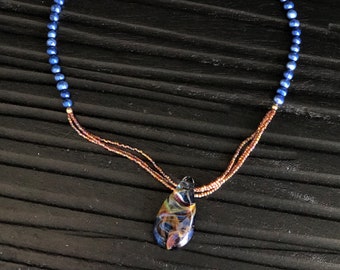 Blue Pearl Rust Gold, Iridescent Handblown Pendant Short Necklace