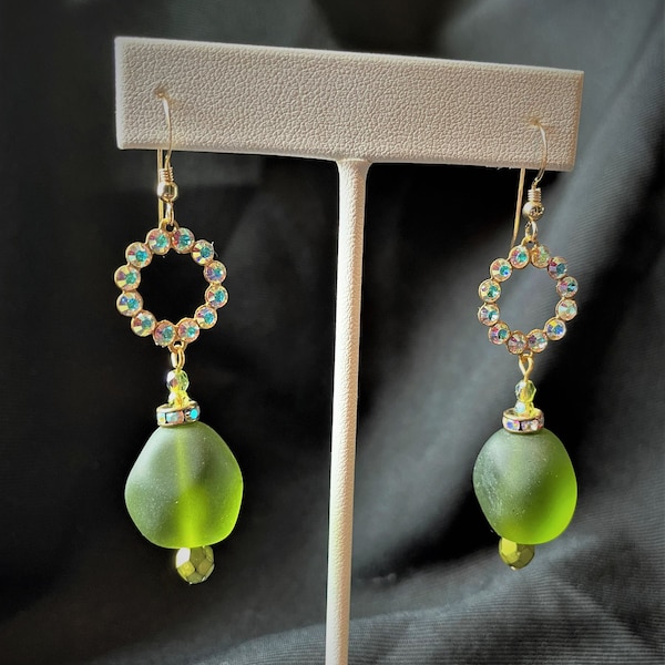 Green Olive  Frosted Sea Glass Crystal Aurora Borealis Circle Green Czech Beads Long Gold Pierced Earrings