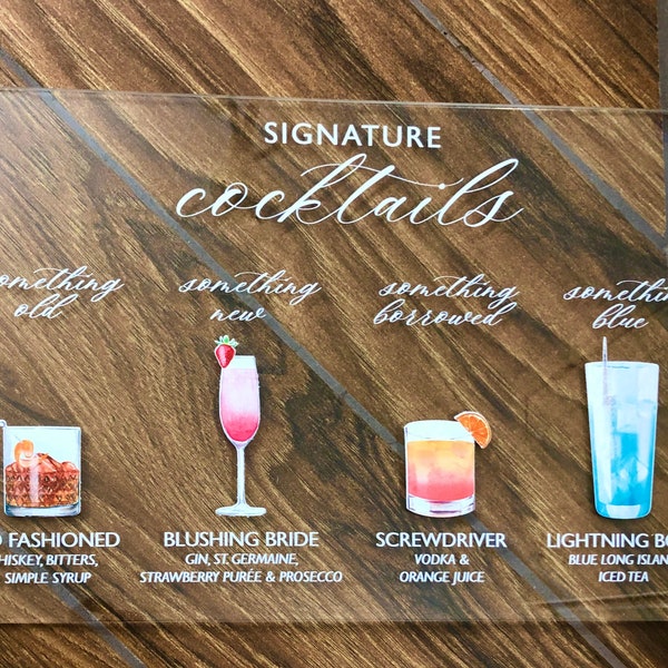 Custom Bar Menu - Signature cocktail Sign with drink illustration - Acrylic bar sign and stand - acrylic drink sign 14x11 or 11x14