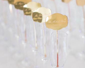 gold acrylic place cards etched - acrylic drink stirrers - custom laser cut  escort cards / place cards