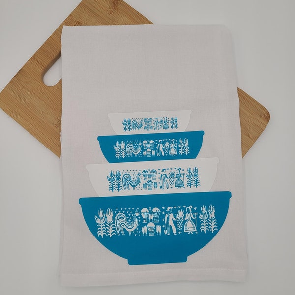 Vintage Pyrex Blue Butterprint Mixing Bowls Inspired Tea Towel