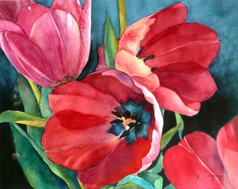 Acuarela de tulipanes rojos - Arte floral para pared