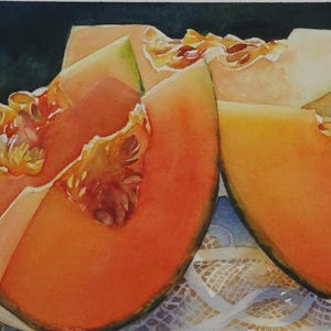 Cantaloupe Slices-Original Watercolor Painting- Shades of Orange and yellow-Still Life Wall Art