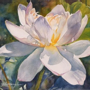 White Lotus Mrs. Perry Slocum-Original Watercolor Painting in shades of  Blue and Green Floral Wall Art for Flower Lovers
