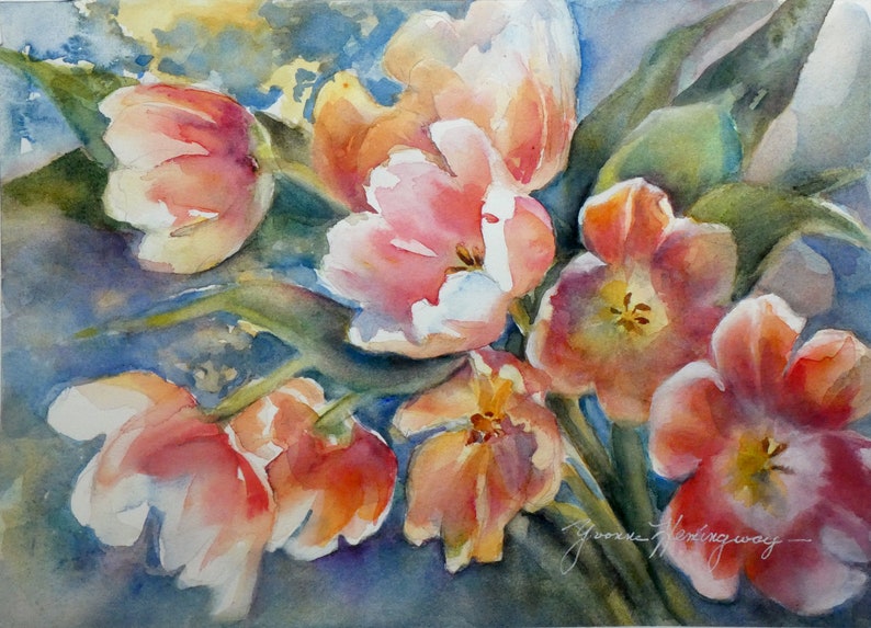 Spring Tulips Watercolor Painting, Original Fine Art Painting in Shades ...