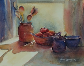 Sunny Kitchen Still Life Watercolor Painting, Original Fine Art Painting in Shades of Red and Gold, Kitchen Home Decor Painting