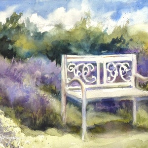 Lavender Field Watercolor Painting: Original Art, Green & Blue Home Decor