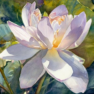 Waterlily Giclee Print: Floral Watercolor Painting, Mauve Green & Blue
