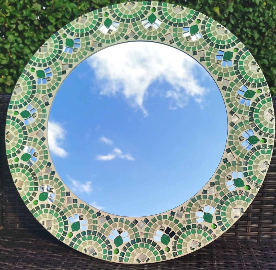 Mosaic Mirror, Scallop 1920's Design, in Green and Gold. Round Wall