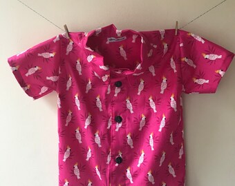 Cockatoo shirt, cockatoo print, cockatoo gift, sibling outfits, boy girl twin, button up shirt, collared shirt, pink shirt, bird shirt