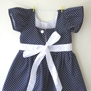 Girls navy dress with white spots / dots, spotty dress, dotty dress, girls wedding outfit, baby wedding outfit, toddler dress, baby dress image 2