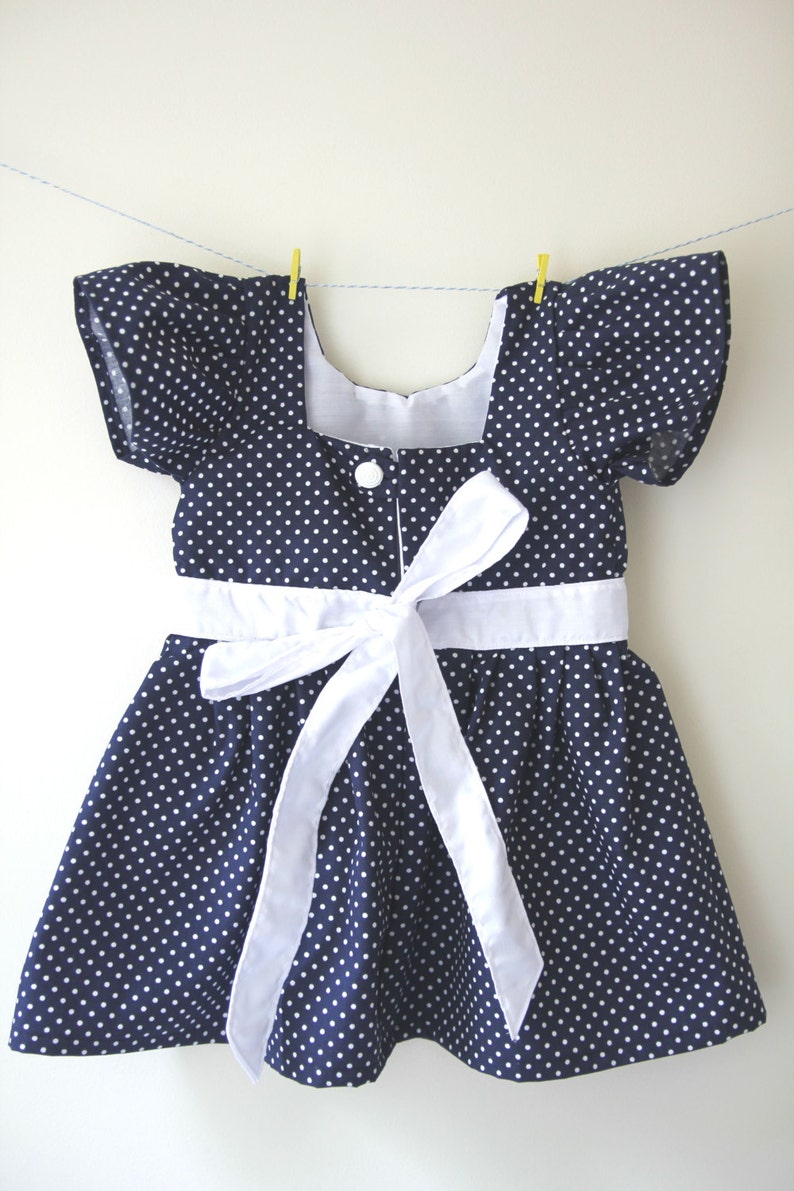 Girls navy dress with white spots / dots, spotty dress, dotty dress, girls wedding outfit, baby wedding outfit, toddler dress, baby dress image 2