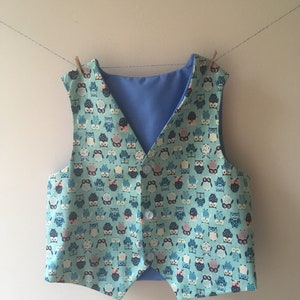 Owl waistcoat, owl vest, owl print, baby waistcoat, childrens waistcoat, baby vest, sibling outfits, owl gift, pageboy outfit, cake smash image 1