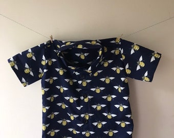 Bee shirt, bee top, bee print, bee clothes, button down shirt, collared shirt, navy shirt, baby shirt, bee lover gift, bee gift